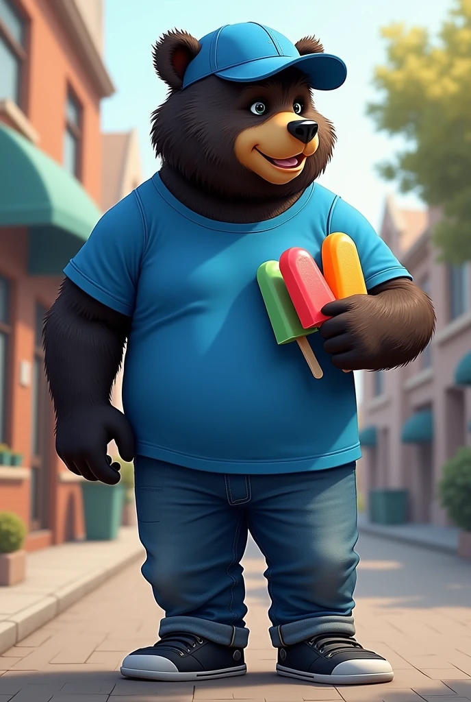 Black Frontino Bear wearing a blue sports shirt, jeans, black shoes and blue cap that delivers popsicles

