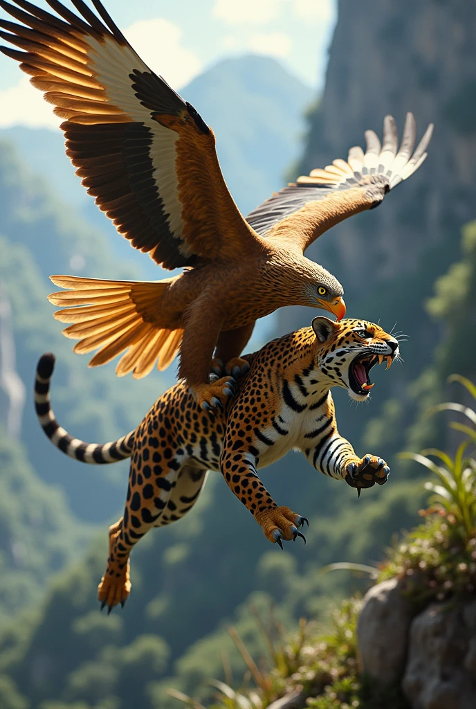 GENERATE AN IMAGE WHERE YOU SHOW A GOLDEN EAGLE CATCHING AN ANGRY JUGUAR
