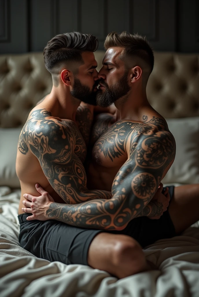 Men covered in tattoos kissing naked in bed