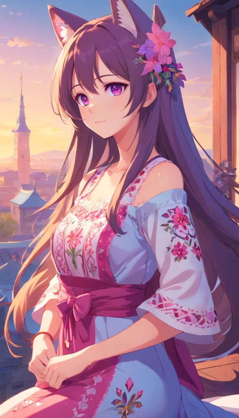 Beautiful girl with big breasts, dressed in a Ukrainian embroidered dress, beautiful pink-violet eyes, Russian long hair, has fox ears, no handcuffs on the shoulders.