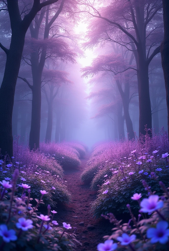 Blue forest background, which is all in purple soft tones, slightly dark. (excellent quality) (best quality) (realism) many purple flowers and beautiful light with blue tint. a little dark. many many flowers with purple and blue flowers 