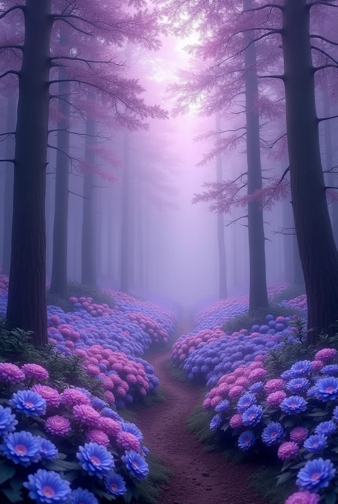 Blue forest background, which is all in purple soft tones, slightly dark. (excellent quality) (best quality) (realism) many purple flowers and beautiful light with blue tint. a little dark. many many flowers with purple and blue flowers
