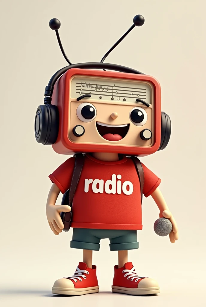 Shape and Size:
radio antropomorfizado com corpo retangular e bordas arredondadas, approximately 30 cm tall. Short, cute arms and legs, made of soft material.
head/Face:
The mascot's face is in front of the radio, with large, expressive eyes on top and a wide smile just below. A flexible antenna comes out of the top, leaning to the side.
vestimentas:
Red shirt covering the radio's body, with the name "radio" stamped in the center in large, friendly white letters. The mascot wears red sneakers matching the shirt.
Detalhes de radio:
Stylized tuning scale on the center front of the radio, with small, rounded side control buttons.
Accessories:
Padded black and red headphones around the neck and a small silver microphone in the hand.
Expression and posture:
Cheerful and inviting expression, with playfully tilted antenna and stable posture, ready to interact.
This mascot, com sua aparência fofa e vestindo uma camisa vermelha with the name "radio", combines nostalgia and modernity, reflecting the energy and spirit of a Brazilian radio station.