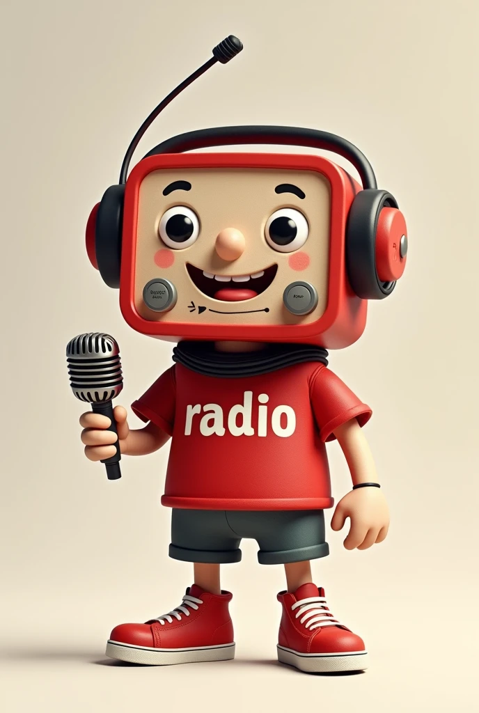 Shape and Size:
radio antropomorfizado com corpo retangular e bordas arredondadas, approximately 30 cm tall. Short, cute arms and legs, made of soft material.
head/Face:
The mascot's face is in front of the radio, with large, expressive eyes on top and a wide smile just below. A flexible antenna comes out of the top, leaning to the side.
vestimentas:
Red shirt covering the radio's body, with the name "radio" stamped in the center in large, friendly white letters. The mascot wears red sneakers matching the shirt.
Detalhes de radio:
Stylized tuning scale on the center front of the radio, with small, rounded side control buttons.
Accessories:
Padded black and red headphones around the neck and a small silver microphone in the hand.
Expression and posture:
Cheerful and inviting expression, with playfully tilted antenna and stable posture, ready to interact.
This mascot, com sua aparência fofa e vestindo uma camisa vermelha with the name "radio", combines nostalgia and modernity, reflecting the energy and spirit of a Brazilian radio station.