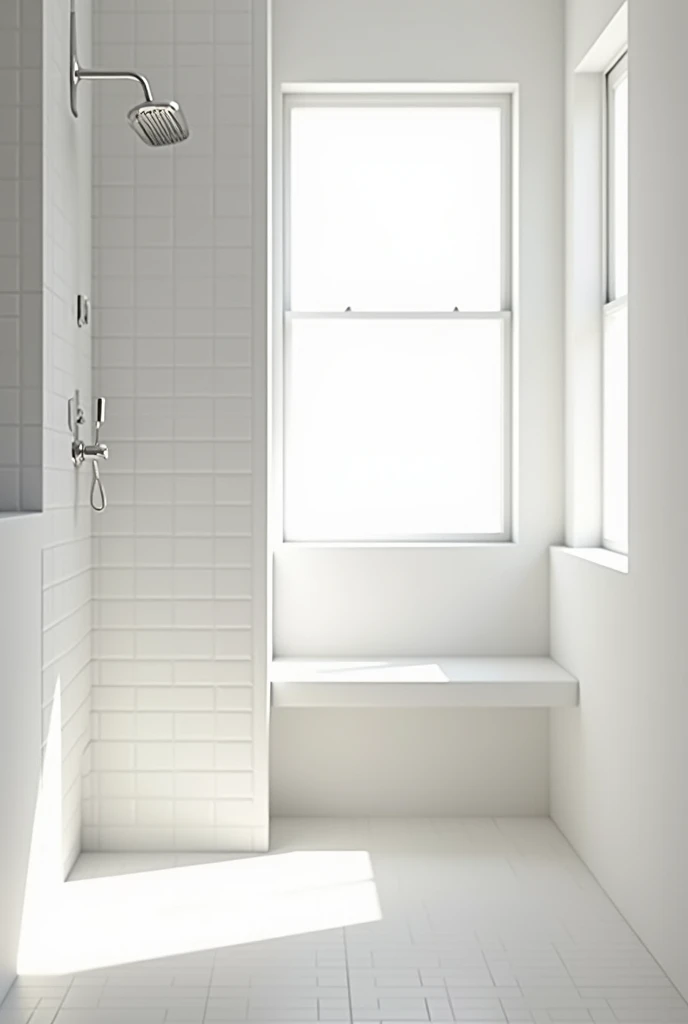 bathroom only part of the shower and an empty shelf without a shower stall 

