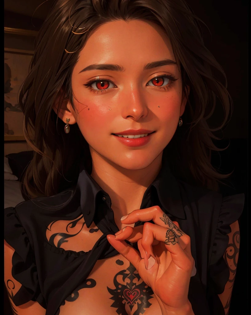 ((((masterpiece, best quality, high resolution)))), Extremely detailed 8K, Beautiful girl with voluptuous body, (Ultra HD, Ultra-detailed, Highly detailed, Highly realistic, Ultra-realistic, photograph realistic), (1girl:1.5), (Realistic blonde hair), (long wavy hair, hair ornaments, earrings), (dynamic poses), facing at camera, looking at viewer, (blushing red, embarrassed, smile), (red eyes, sharp eyes), (large perky breasts:1.2), (beautiful detailed face, beautiful detailed eyes), ((satin nightdress)), (arms tattoo), (standing up), sweat, glow, (sunbeam, sunlight), ((cowboy shot)), bedroom, seductive