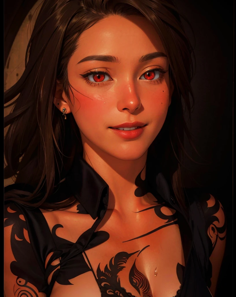 ((((masterpiece, best quality, high resolution)))), Extremely detailed 8K, Beautiful girl with voluptuous body, (Ultra HD, Ultra-detailed, Highly detailed, Highly realistic, Ultra-realistic, photograph realistic), (1girl:1.5), (Realistic blonde hair), (long wavy hair, hair ornaments, earrings), (dynamic poses), facing at camera, looking at viewer, (blushing red, embarrassed, smile), (red eyes, sharp eyes), (large perky breasts:1.2), (beautiful detailed face, beautiful detailed eyes), ((satin nightdress)), (arms tattoo), (standing up), sweat, glow, (sunbeam, sunlight), ((cowboy shot)), bedroom, seductive