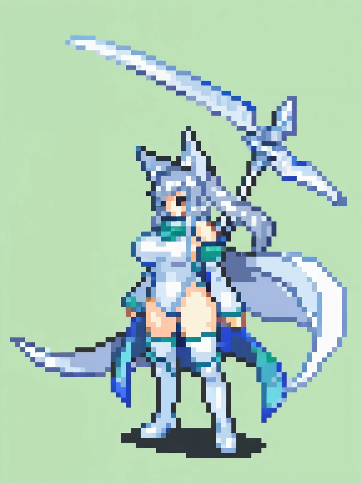 (girl), (huge tits:1.1), (solo), (fantasy), (fox ears), (silver hair silver tail silver ears), (scythe:1.1), (white adventurer clothes)