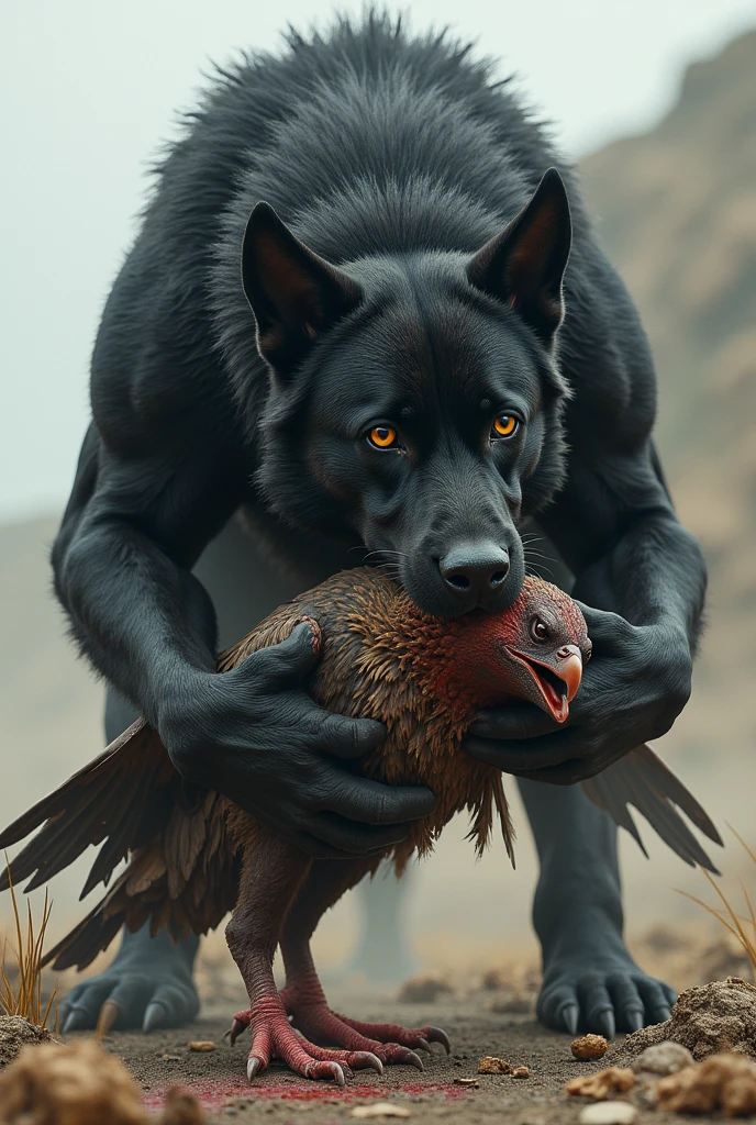 black dog with dead vulture in its mouth