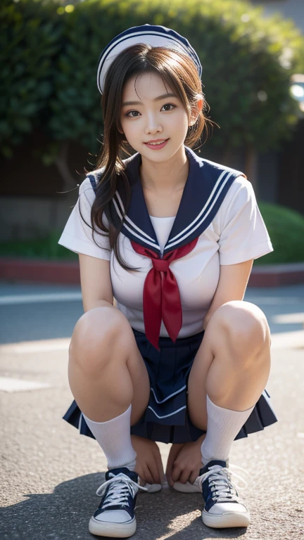 (A gorgeous Japanese idol, age 22 , sitting on the floor in class with legs crossed, wearing seifuku, school uniform, sailor moon, jk uniform, high-school uniform, pleated mini-skirt, red ribbon, sailor hat, knee high socks, sneakers,
Easygoing expressions, kind smile, dimpled chins, cute snaggle-tooth, short bob hair ponytail, symmetrical face, realistic detailed face, beautiful detailed eyes, perfect body proportions, hourglass figure, ample round bosoms, medium breasts,
Raw photo, photorealistic, realistic portrait, hyper-realism, high contrast, ultra HD, realistic skin textures, top image quality, top-quality, super high resolution, fine details, very meticulously, masterpiece, close-up shot, High Angle Shot, bokeh background, SFW, Safe For Work)