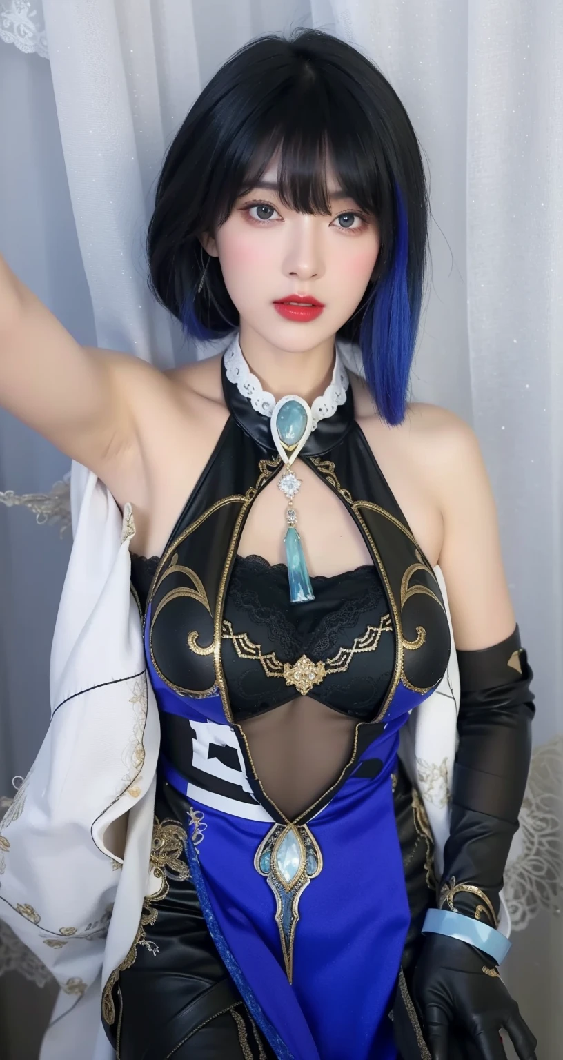 Very detailed, Delicate face, Realistic style, Stock Photography , rich and colorful, Surrealism, Realistic textures, Dramatic Lighting, Distiller 800 (8K, original photo, Better quality, masterpiece: 1.2), Very detailed, (Extremely delicate skin: 1.2), 8K Ultra HD, SLR camera, Soft Light, high quality, 冰冻Queen,, snow castle,Blue pupils,Apply red lipstick,Queen,Gorgeous clothing,gem, diamond, Gold Jewelry,Printed lace,Silk dress,breasts symmetrical,Hands up
