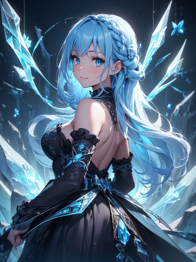 (((best quality, sharp image, clear image, cinematic lighting, 8k resolution, masterpiece, ultra detailed, intricate))) Girl, (((looking over shoulder))),shot from behind, sorcerer, cute, ice blue hair, intricate dress, black dress, braided hair, ribbons in hair, smiling, Ice blue, ((intricate background)), (rune frame), dimension, ((ice butterflies, ice roses)).