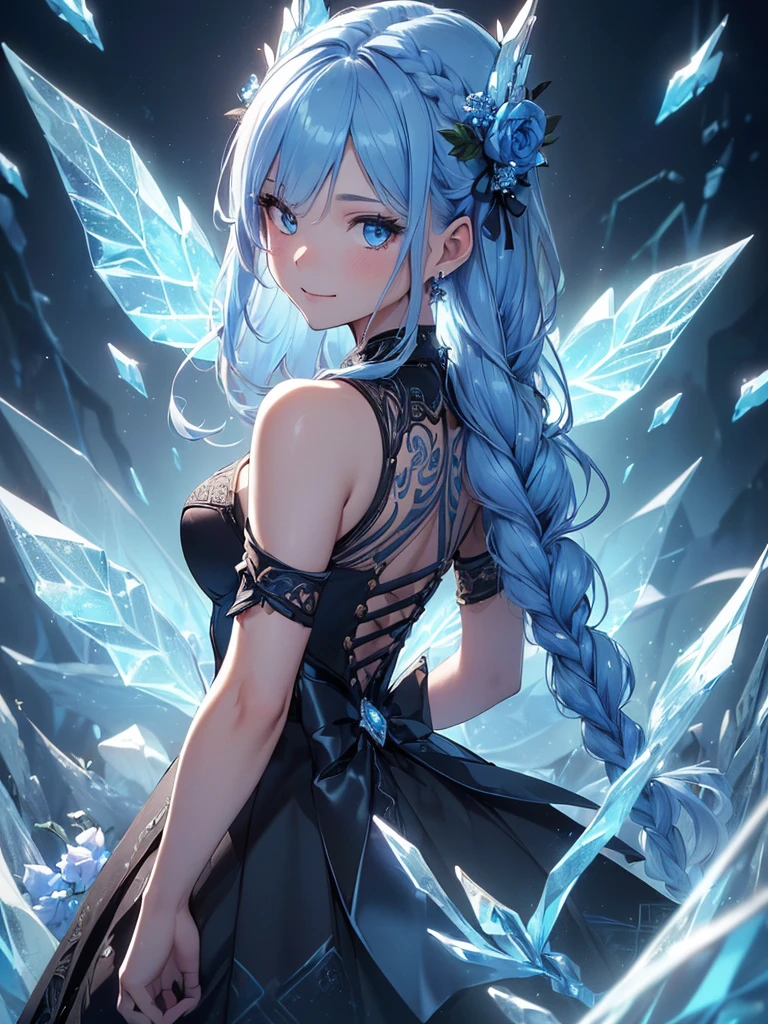 (((best quality, sharp image, clear image, cinematic lighting, 8k resolution, masterpiece, ultra detailed, intricate))) Girl, (((looking over shoulder))),shot from behind, sorcerer, cute, ice blue hair, intricate dress, black dress, braided hair, ribbons in hair, smiling, Ice blue, ((intricate background)), (rune frame), dimension, ((ice butterflies, ice roses)).