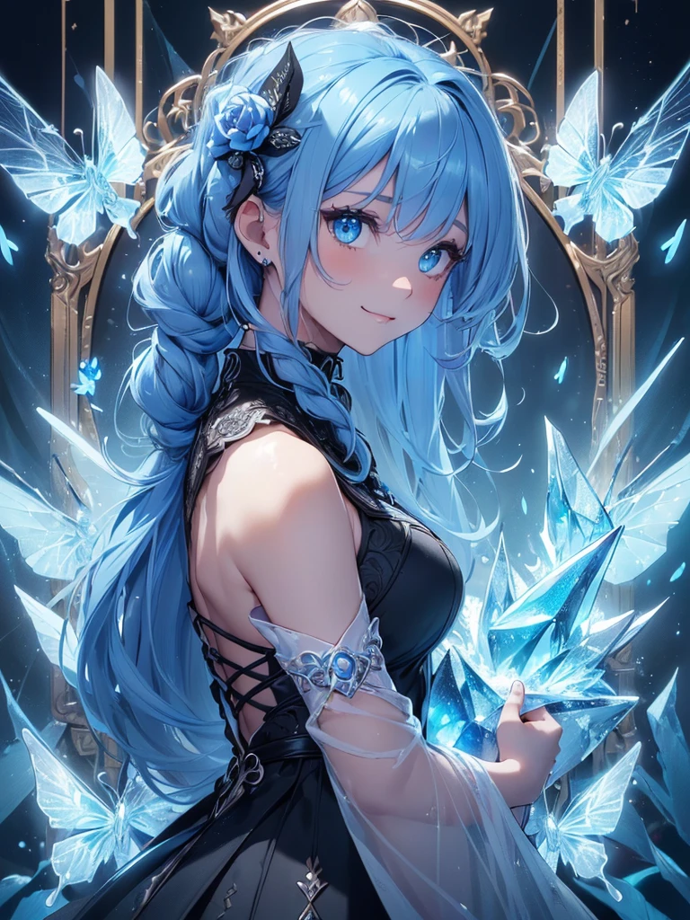 (((best quality, sharp image, clear image, cinematic lighting, 8k resolution, masterpiece, ultra detailed, intricate))) Girl, (((looking over shoulder))),shot from behind, sorcerer, cute, ice blue hair, intricate dress, black dress, braided hair, ribbons in hair, smiling, Ice blue, ((intricate background)), (rune frame), dimension, ((ice butterflies, ice roses)).