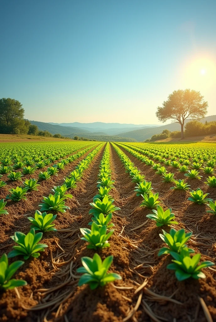 Create an image according to these instructions: A vast agricultural field under a clear blue sky on a sunny day, representing the direct planting method. The soil remains almost untouched, covered by a thin layer of straw and plant residues from the previous crop, that help protect and nourish the soil. Among the straw, rows of young plants sprout, its vibrant green leaves contrasting with the golden brown tones of the mulch. The land has no furrows or signs of plowing, reflecting soil conservation practice. over the horizon, the landscape is framed by a few scattered trees and native vegetation, highlighting the harmony between agriculture and nature. The high sun casts a golden light over the field, creating soft shadows and emphasizing the vitality of the plants. The environment conveys a sense of sustainability and respect for the soil, with earthy tones, intense greens and the deep blue of the sky dominating the scene. Be as realistic as possible.