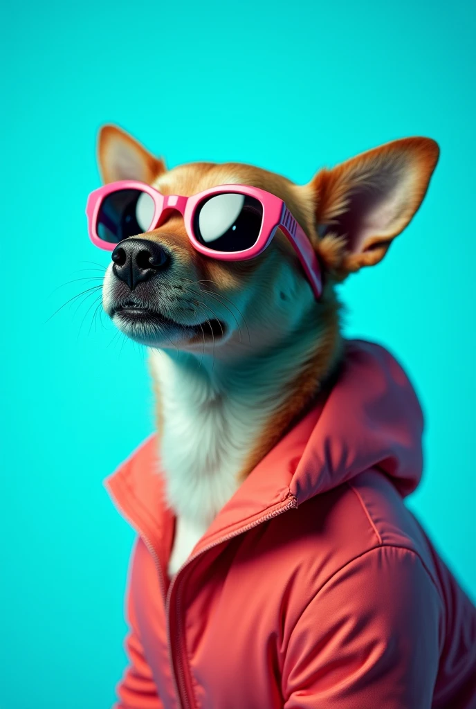 The best cell phone wallpaper, Award-Winning Wallpaper, portrait photography, In the front view is a portrait of a cute dog wearing mid-1960s space age fashion, Side view photo, Shot with Canon EOS R5, Set a strong contrast that accentuates the subject, Fluorescent blue tone, Wearing a very modern coat and sunglasses is a modern 1960s style, Clothes all in one color, beautiful background