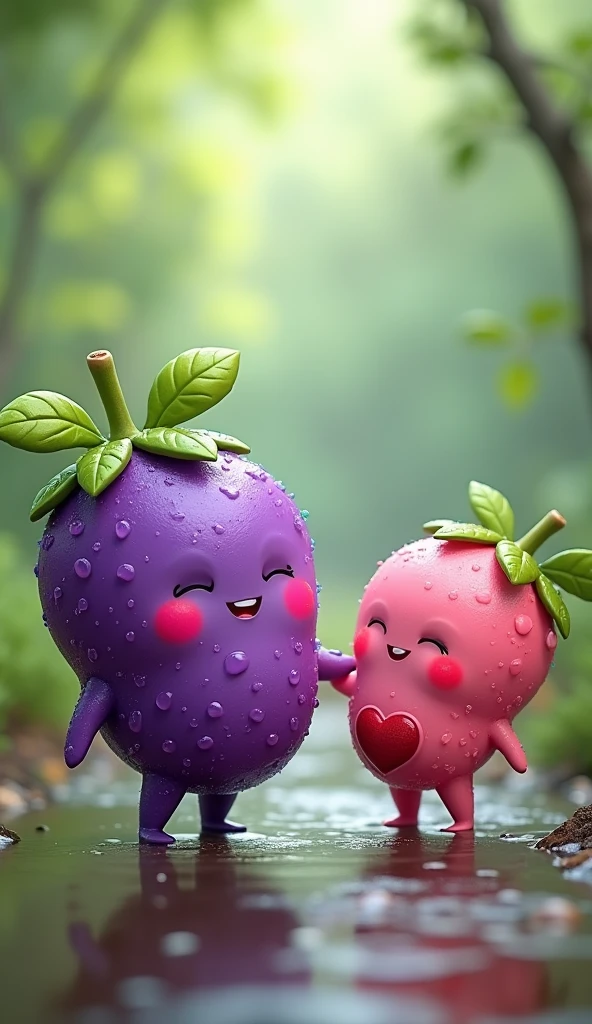 The image depicts two adorable, shiny characters resembling berries or fruits with happy, smiling faces. The larger character on the left is predominantly purple with a green leaf-like body and has two leaves protruding from its back. The smaller character on the right is pink and purple with a small heart shape on its lower body. Both characters are holding hands, and they are covered in water droplets, giving a fresh, dewy appearance. The background is blurred, with hints of greenery and light bokeh, suggesting an outdoor setting, possibly during or after rain.