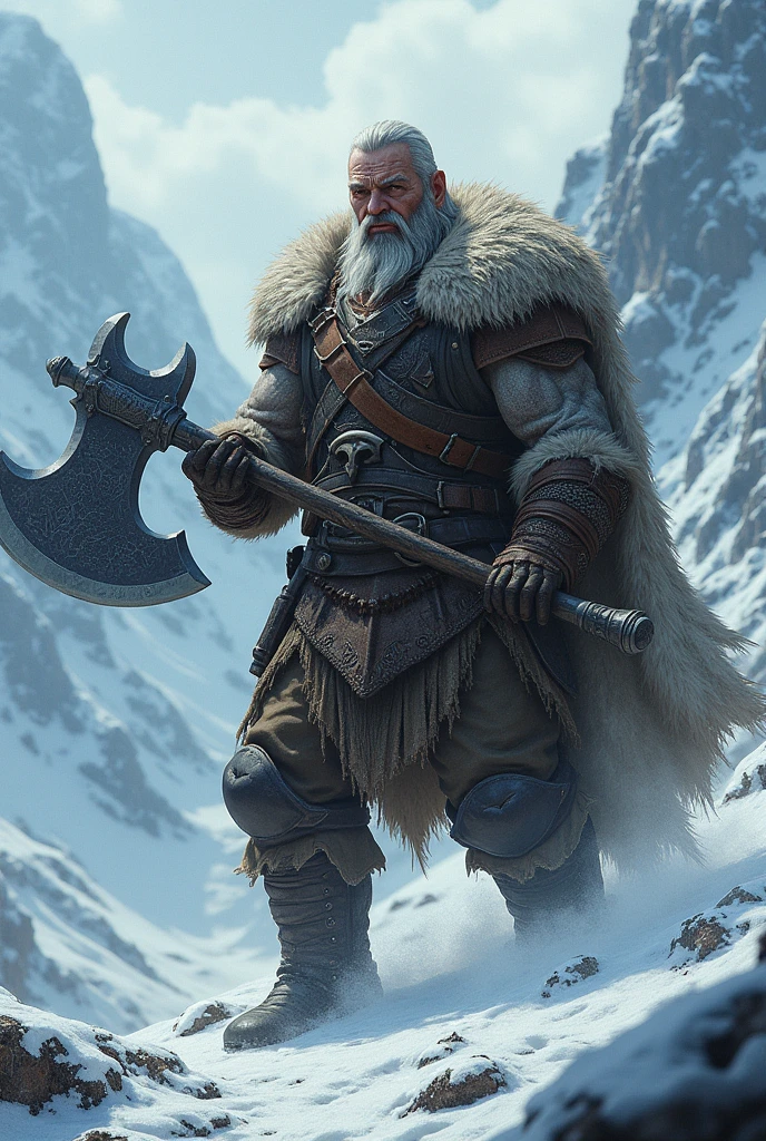 RPG character icy mountain man holding large axe