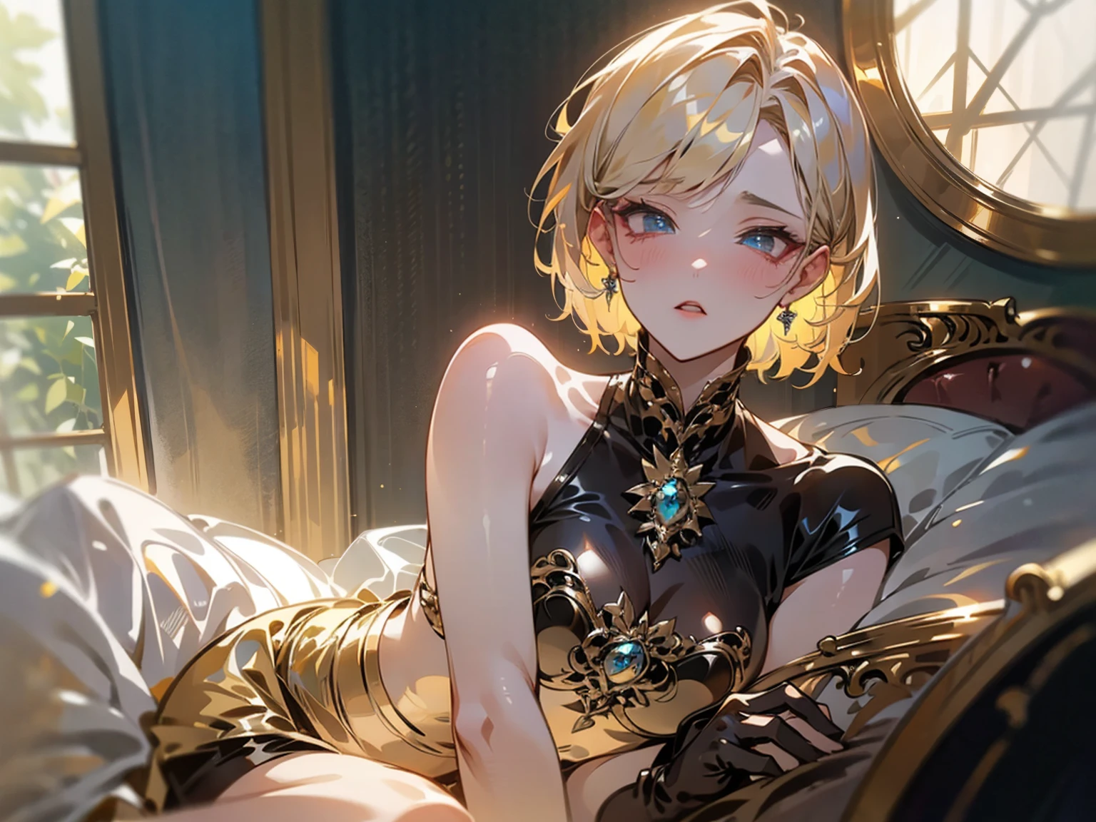 (beautiful detailed eyes, beautiful detailed lips, extremely detailed eyes and face, long eyelashes), 1girl (1.0),solo, sitting on bed (1.0), blonde hair (1.0), short hair (1.0), metal gloves (1.0), black top (0.9), beige skirt (0.9), indoor (1.0), large window (1.0), sunlight (1.0), soft lighting (0.8), melancholic atmosphere (0.8), realistic style (0.9), peaceful (0.8), (8k, RAW photo, best quality, masterpiece:1.2), (realistic, photo-realistic:1.37), professional lighting, photon mapping, radiosity, soft lighting, intricate details, natural environment, lush greenery, warm summer day, serene atmosphere 