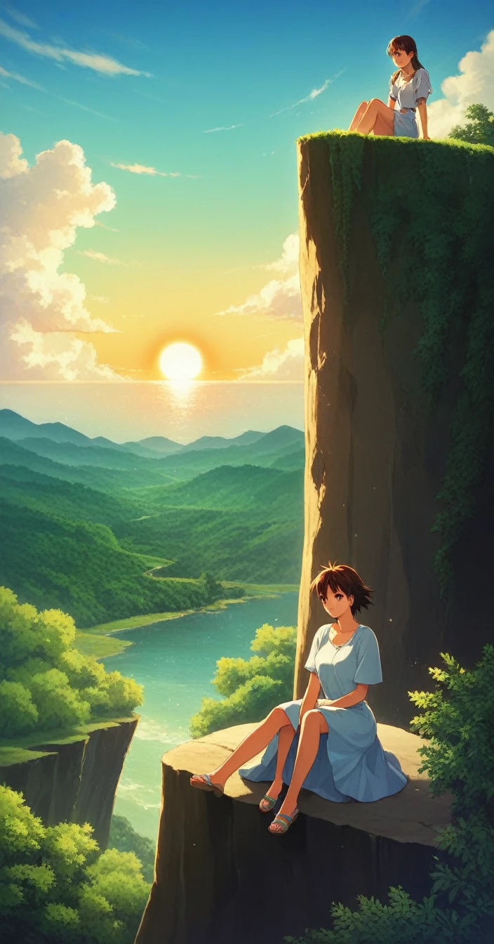 a group of people four sitting on a cliff watching the orange sun set, watching the sun set. anime, beautiful anime scene, studio ghibli sunlight,beautiful nature view, no beach , no water , trees nature anime beautiful peace scene, beautiful anime scenery, ( ( makoto shinkai ) ), makoto shinkai cyril rolando, anime. by makoto shinkai, makoto shinkai. —h 2160