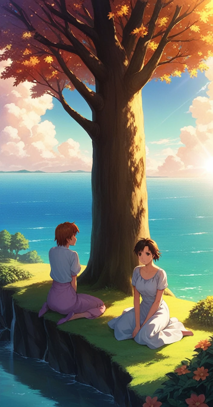 a group of people four sitting on a cliff watching the orange sun set, watching the sun set. anime, beautiful anime scene, studio ghibli sunlight,beautiful nature view, no beach , no water , trees nature anime beautiful peace scene, beautiful anime scenery, ( ( makoto shinkai ) ), makoto shinkai cyril rolando, anime. by makoto shinkai, makoto shinkai. —h 2160