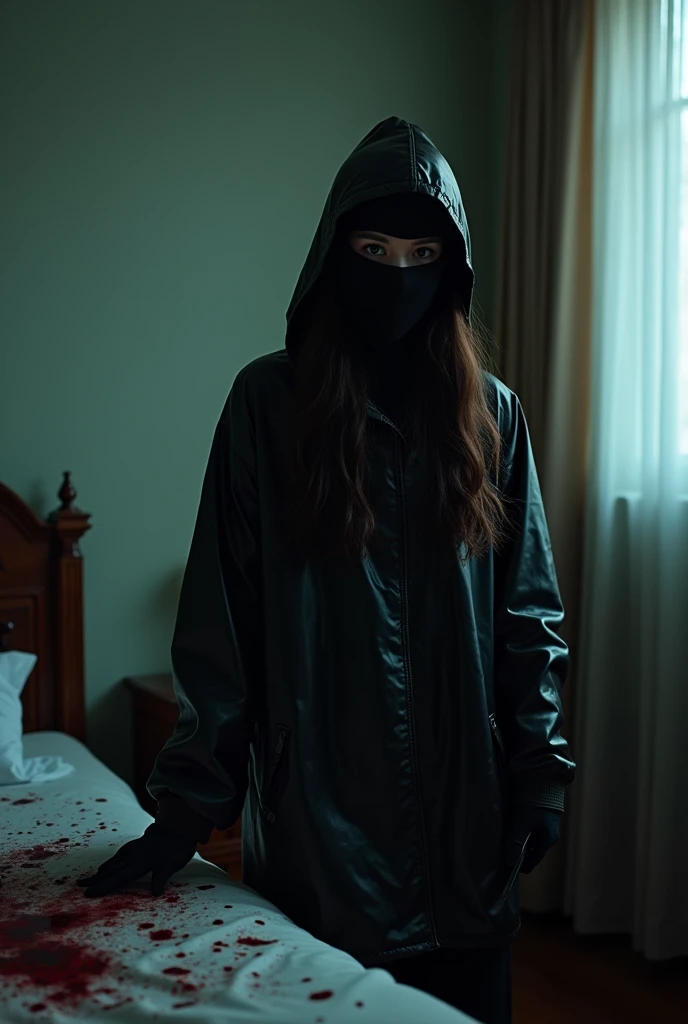 korean girl, (behind corpse, balaclava), holding knife, stabbing, black gloves, room full of blood, black raincoat, 20 years old girl, big tits, glamorous, holding knife, black gloves, behind corpse, looking at viewer, blood splatter, bondage, bed room, black wet suit, night, mass murderer, killer, robbery, dark atmosphere, cinematic lighting, atmospheric realistic, light from the window close-up,