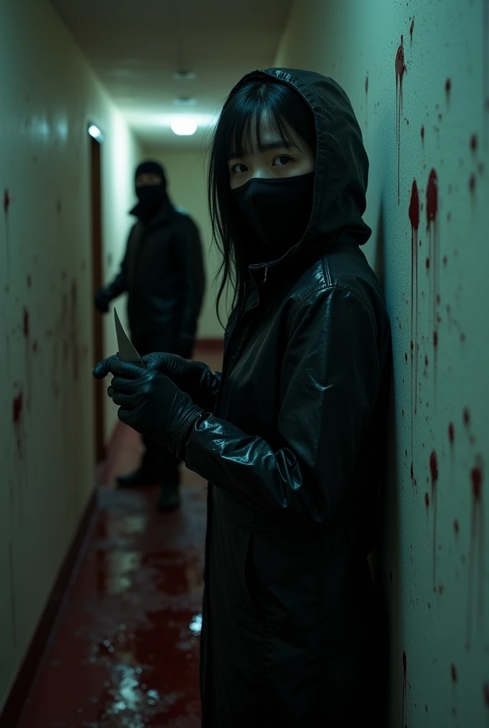 korean girl, (behind corpse, balaclava), holding knife, stabbing, black gloves, room full of blood, black raincoat, 20 years old girl, big tits, glamorous, holding knife, black gloves, behind corpse, looking at viewer, blood splatter, bondage, bed room, black wet suit, night, mass murderer, killer, robbery, dark atmosphere, cinematic lighting, atmospheric realistic, light from the window close-up,
