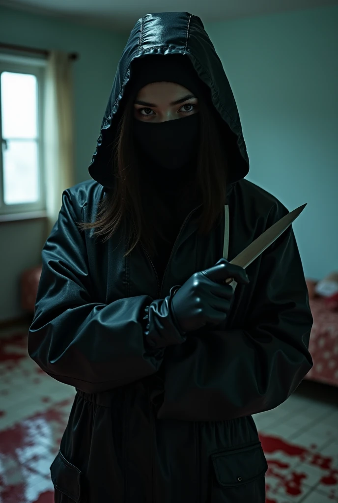 korean girl, (behind corpse, balaclava), holding knife, stabbing, black gloves, room full of blood, black raincoat, 20 years old girl, big tits, glamorous, holding knife, black gloves, behind corpse, looking at viewer, blood splatter, bondage, bed room, black wet suit, night, mass murderer, killer, robbery, dark atmosphere, cinematic lighting, atmospheric realistic, light from the window close-up,