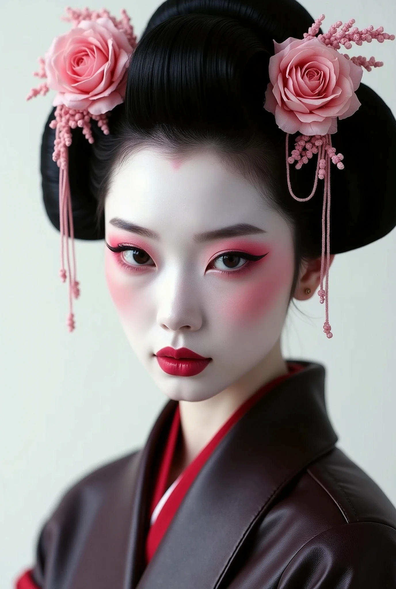 ((cinematic photography), (photorealistic), (photographically correct), a geisha face, porcelain skin, pink details, leather fashion, black hair, white background