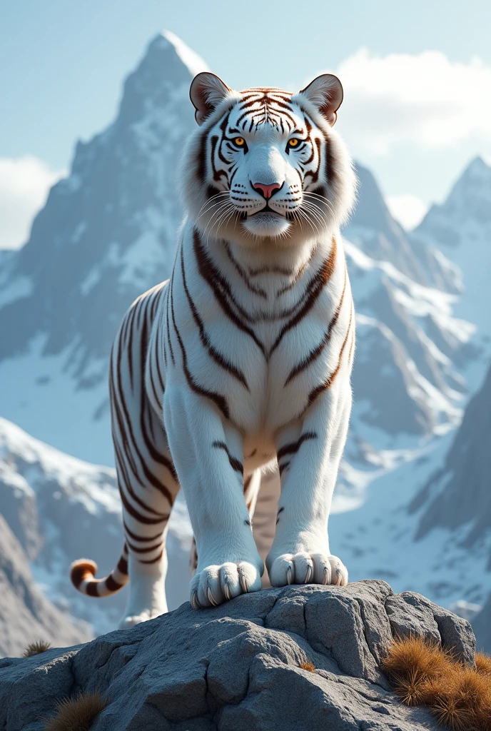 A big white tiger standing on a mountain