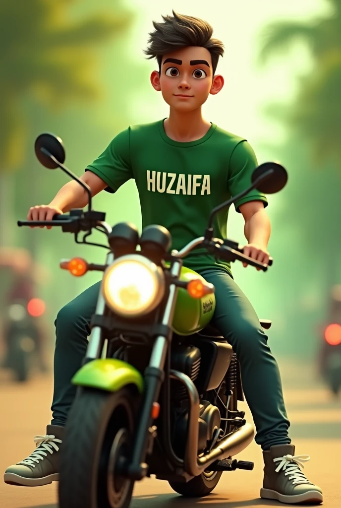 35mm film photography, Create a 3D illustration of an animated male character sitting on a motorcycle matching the color and design of Pakistan Independence Day and wearing a green shirt with name HUZAIFA The character must wear casual modern clothing such as jeans and sneakers shoes. The background of the image is a independence day of Pakistan, high detail, gold glow bright green color palette, light green hour glow