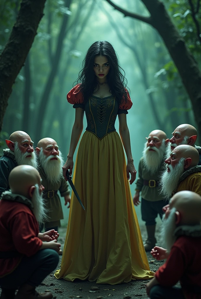 Snow White being controlled by her evil stepmother to kill the seven dwarfs 