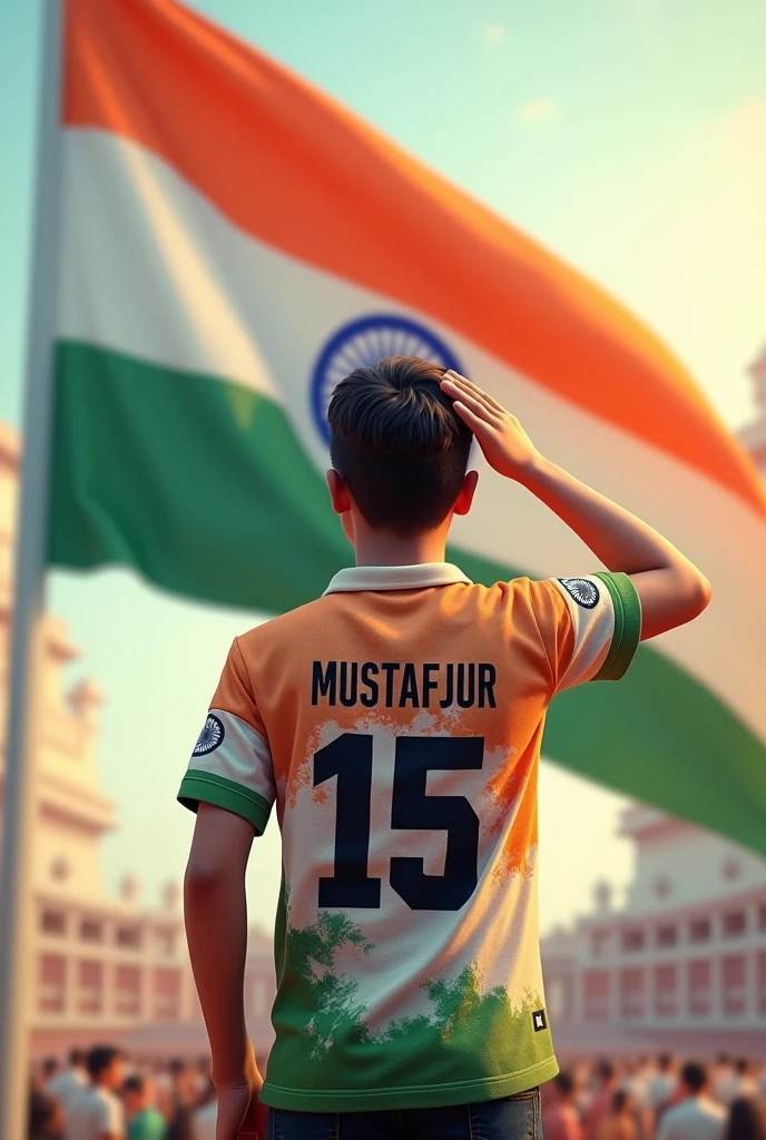 a 21 years old boy salutes the national flag of bharat and he is wearing a shirt print is like bharat flag and "Mustafijur" and 15 number and independence day in small is written on it's back in big and bold fonts, 3d illustration
