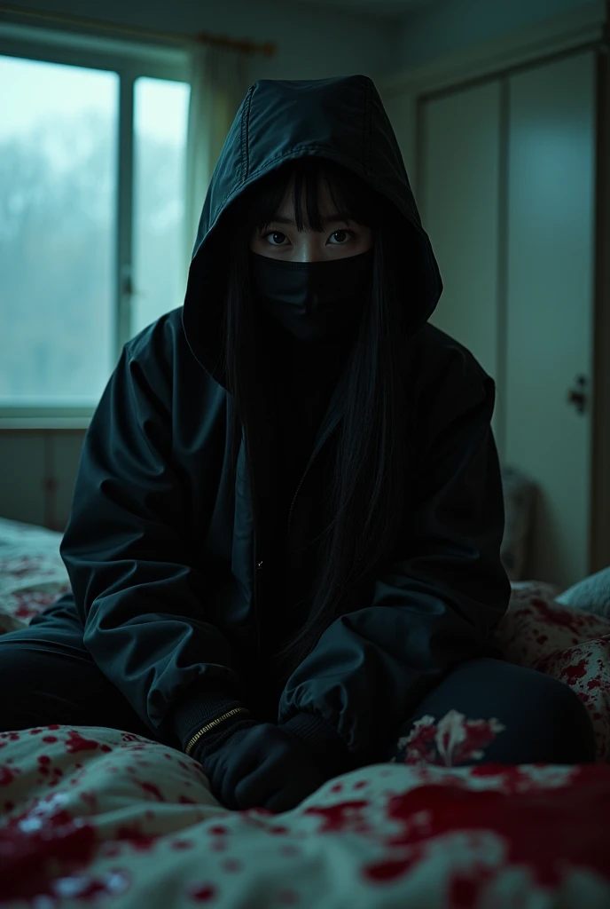 korean girl, (behind corpse, balaclava), holding knife, stabbing, black gloves, room full of blood, black raincoat, plump, hood up, holding knife, black gloves, behind corpse, looking at viewer, blood splatter, bondage, long bangs, bed room, black wet suit, night, mass murderer, killer, robbery, dark atmosphere, cinematic lighting, atmospheric realistic, light from the window close-up,