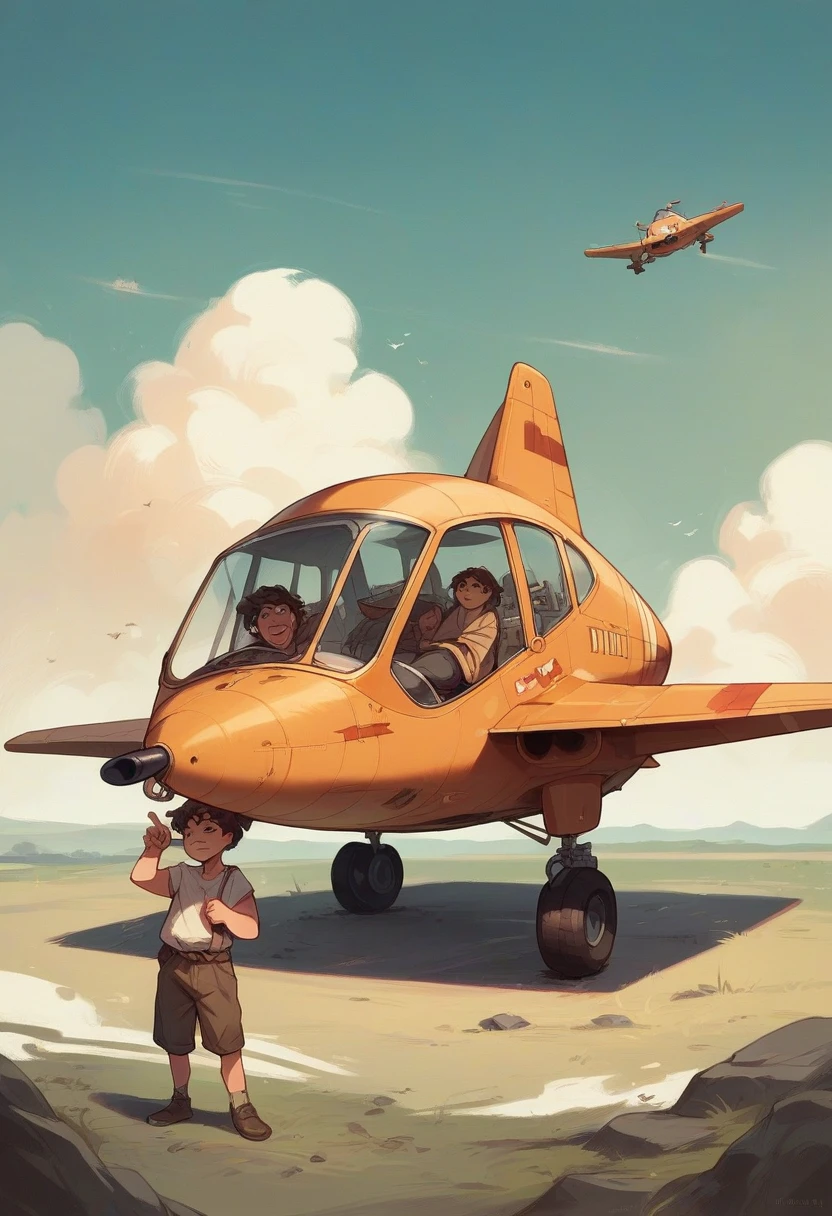 Two children, one fat and one skinny, who look like a leader, who are on an island with a crashed plane and another child who looks like a cannibal.