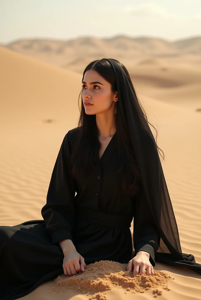 a wanna a realistic picture of human girl who is exact replica of ayeza khan  having dimples and fair skin wearing eastern black dress with scarf sitting in UAE dessert full picture from far she has sand in his hand and looking into that sand more
