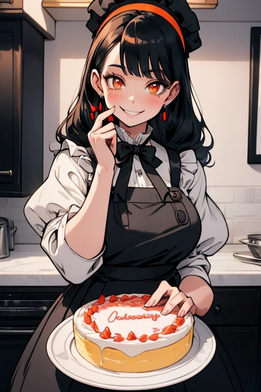 Perfect face Perfect hands. A black haired woman with orange eyes in a Lolita maid uniform is baking a cake in a fancy kitchen with a big smile