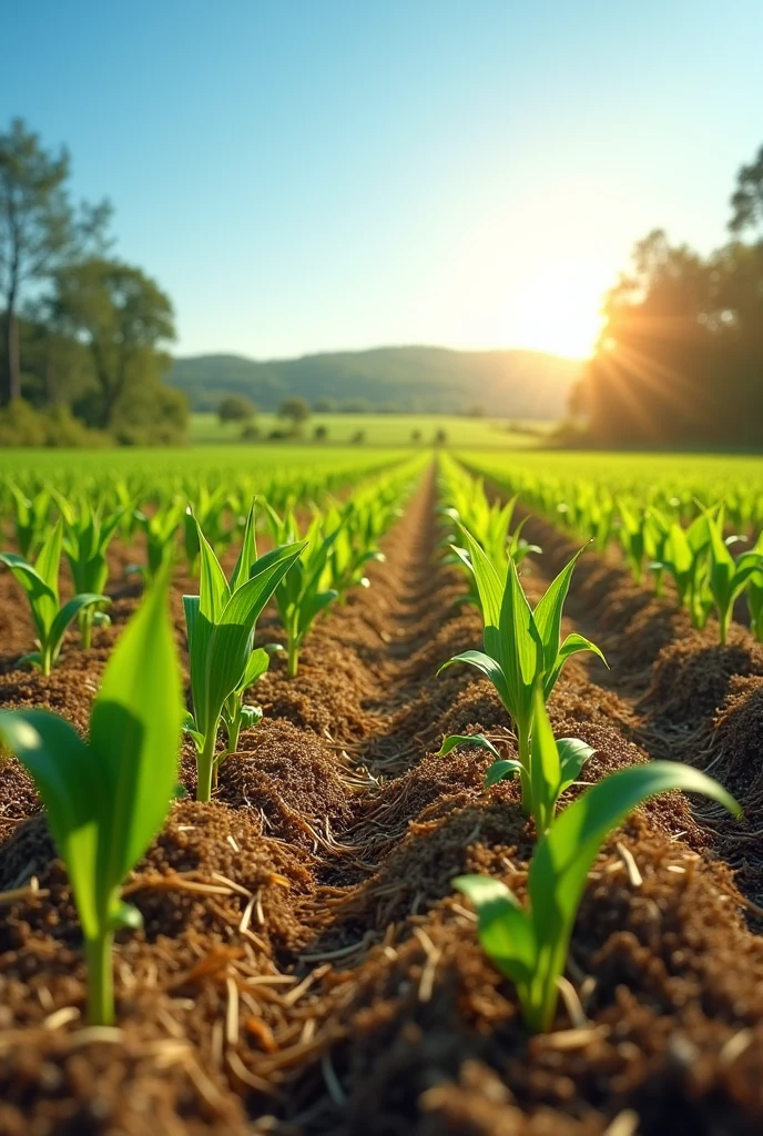 Create an image according to these instructions: A vast agricultural field under a clear blue sky on a sunny day, representing the direct planting method. The soil remains almost untouched, covered by a thin layer of straw and plant residues from the previous crop, that help protect and nourish the soil. Among the straw, rows of young corn plants sprout, its vibrant green leaves contrasting with the golden brown tones of the mulch. The land has no furrows or signs of plowing, reflecting soil conservation practice. over the horizon, the landscape is framed by a few scattered trees and native vegetation, highlighting the harmony between agriculture and nature. The high sun casts a golden light over the field, creating soft shadows and emphasizing the vitality of the plants. The environment conveys a sense of sustainability and respect for the soil, with earthy tones, intense greens and the deep blue of the sky dominating the scene. Be as realistic as possible.
