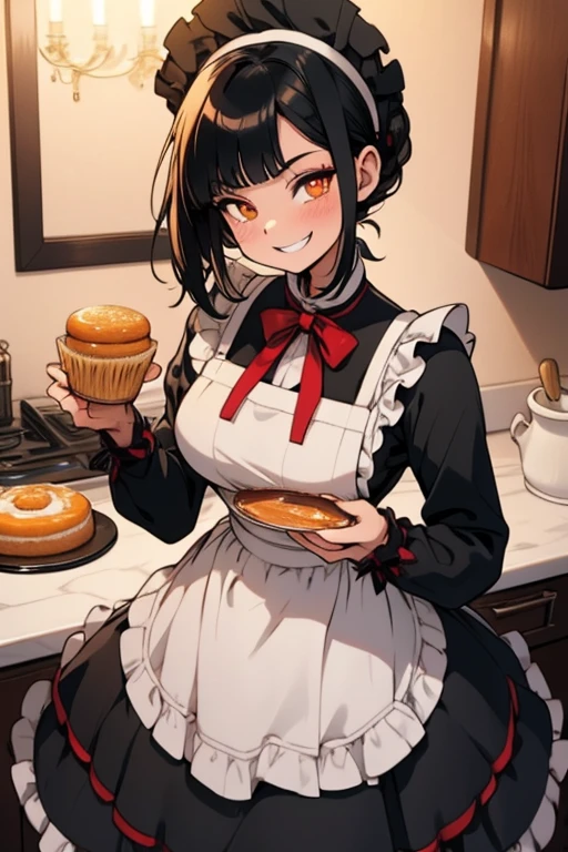 Perfect face Perfect hands. A black haired woman with orange eyes in a Lolita maid uniform is baking a cake in a fancy kitchen with a big smile