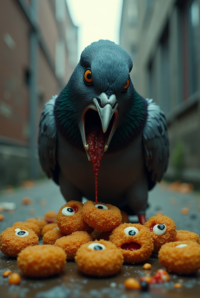 an evil pigeon greedily eats nuggets that cry and scream