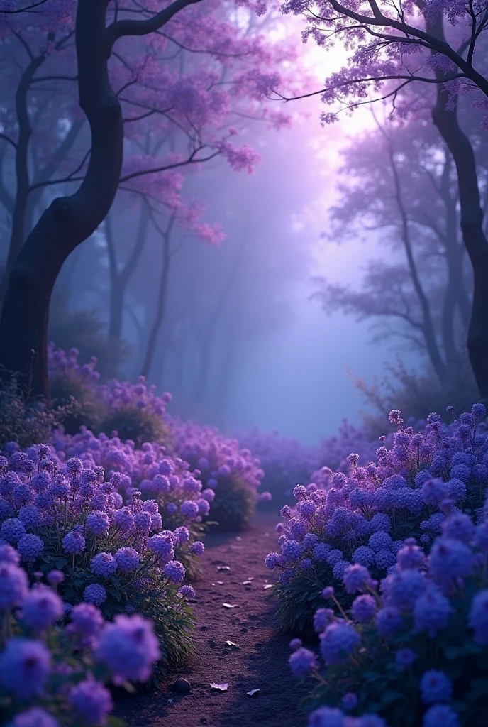 Blue forest background, which is all in purple soft tones, slightly dark. (excellent quality) (best quality) (realism) many purple flowers and beautiful light with blue tint. a little dark. many many flowers with purple and blue flowers flowers everywhere. More realism, a lot of realism