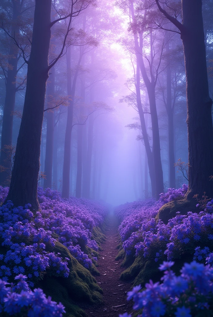 Blue forest background, which is all in purple soft tones, slightly dark. (excellent quality) (best quality) (realism) many purple flowers and beautiful light with blue tint. a little dark. many many flowers with purple and blue flowers  flowers everywhere. More realism, a lot of realism 
