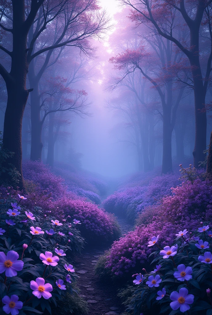Blue forest background, which is all in purple soft tones, slightly dark. (excellent quality) (best quality) (realism) many purple flowers and beautiful light with blue tint. a little dark. many many flowers with purple and blue flowers  flowers everywhere. More realism, a lot of realism 