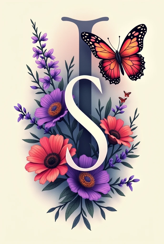 I want you to make a tattoo design with 3 letters that are two S's and an I that is surrounded by purple and red flowers and another of butterflies of the same color.
