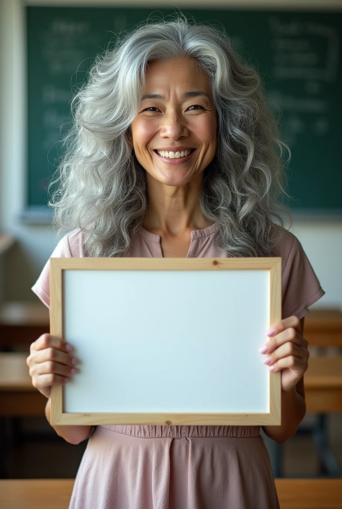 A beautiful youthful looking asian women as a 50 years old woman with long her completely gray hair in a big curls styles as a high school student wearing a high school dress standing in a high school classroom holding a white board with text "still sexy at 50 and while going through menopause" and showing it to the viewer