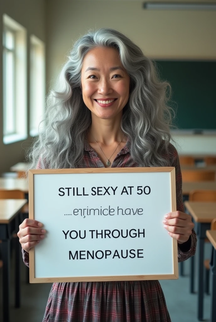 A beautiful youthful looking asian women as a 50 years old woman with long her completely gray hair in a big curls styles as a high school student wearing a high school dress standing in a high school classroom holding a white board with text "still sexy at 50 and while going through menopause" and showing it to the viewer