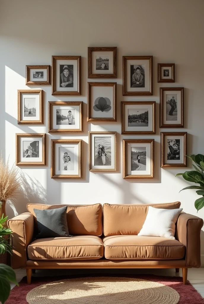 Create a picture of a room with several photo frames on one wall and the resulting picture will be horizontal