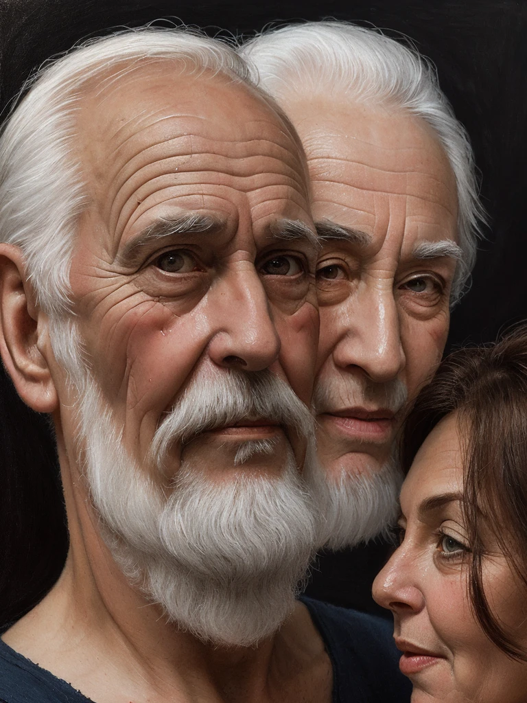 A double portrait in the style of Jan Matejko showing a sitting mature man accompanied by a young woman. The dark background of the decorative drapery gives the impression that their faces are emerging from the darkness. His face is that of a strong and determined man, with streaks of gray appearing in his thick hair and beard. Bushy, thick eyebrows cast a shadow on the eyes, which radiate vitality and energy. The wrinkled skin of his face gives him an expression of life experience. Her face is a contrast. She is delicate and her beautiful brown eyes look at the old man with love and respect.