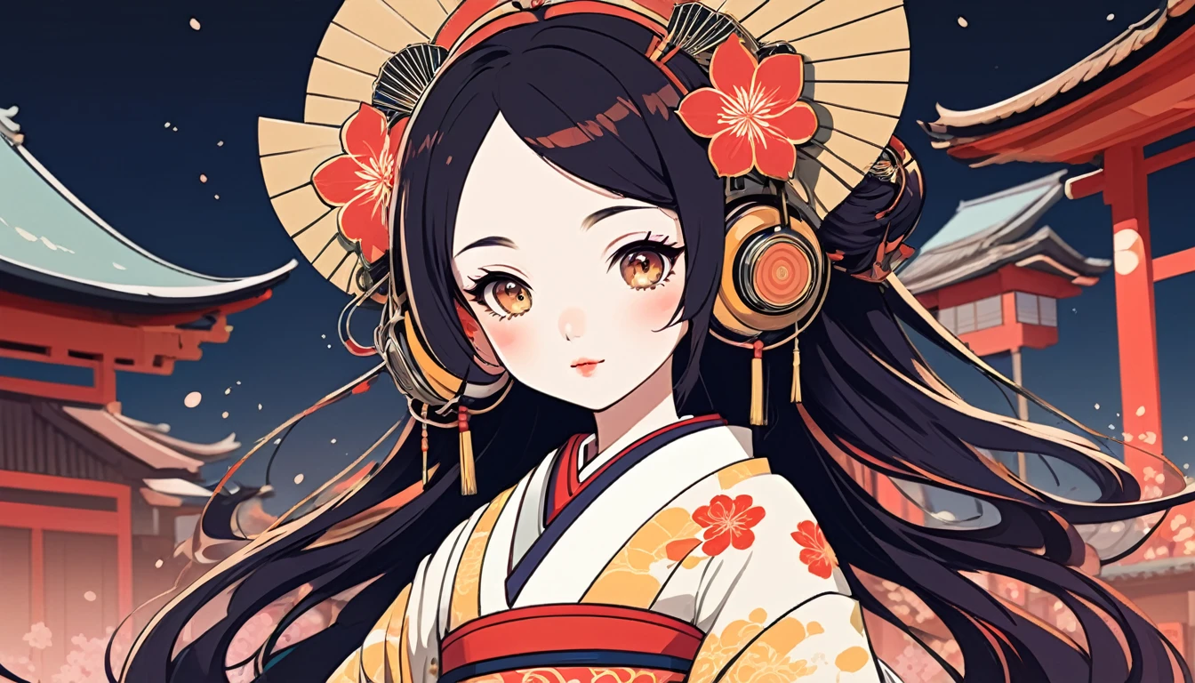 Oiran with Japanese style headphones、fan、Wide-angle lens, Lofi Anime, Lofi illustration, Aesthetic atmosphere, Lo-Fi Style, Vector art, Flat Design, Simple shape, Warm tones, Pleasant atmosphere, Chill, In anime style, Digital drawing, Vector art, Vector logo for t-shirt printing, (Adorable:1.5), (small:1.4), (Playful:1.2), (soft:1.3), (Whimsical:1.1), masterpiece, Highest quality, 8k, Intricate details, grow, Celestial, Mysterious, Picturesque, amazing, Majestic, Magic, Fantasy art, Cover art, dream-like