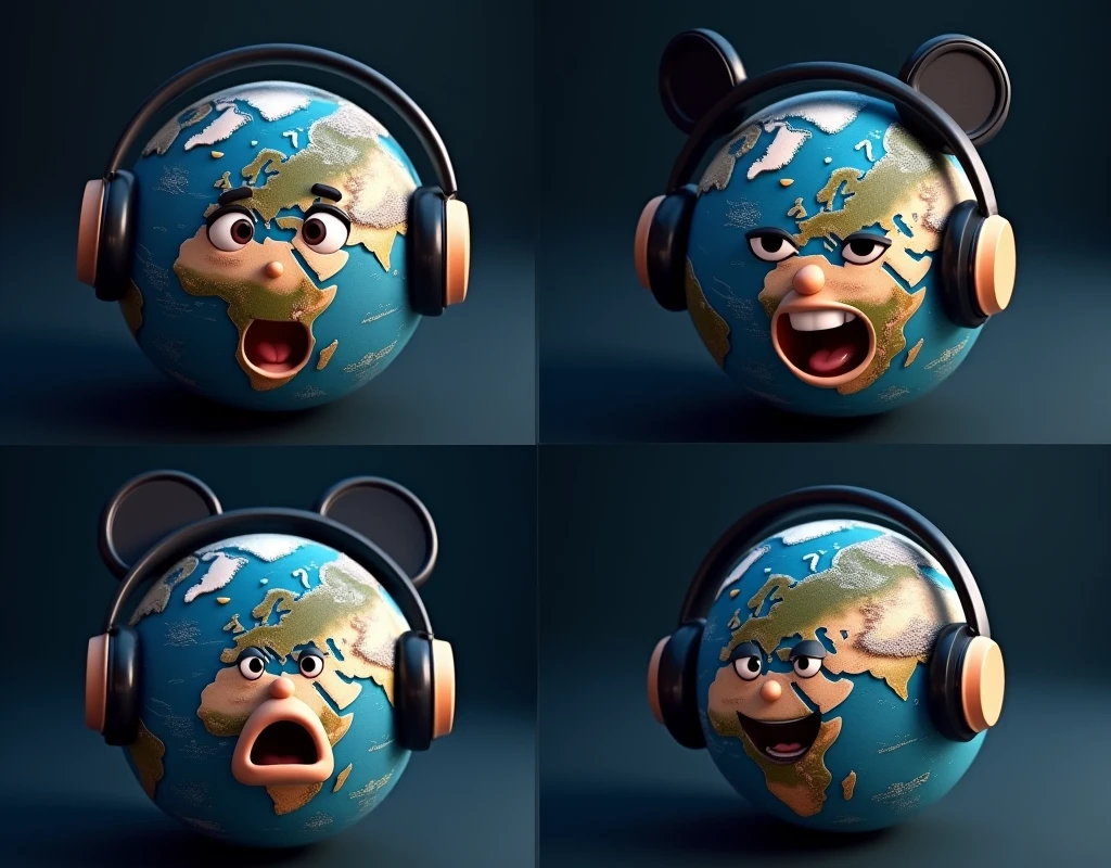 Assemble 4 photos of planet Earth with a black Disney animation-style headset expressing different reactions